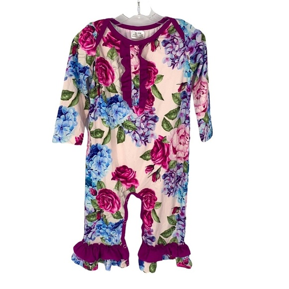 Infant Girls' Purple/White Floral Print One-Piece w/ Ruffles Cotton Blend 12-18M - Picture 1 of 8